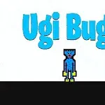 Tegneseriefigur med blå tekst Ugi Bugi på hvid baggrund