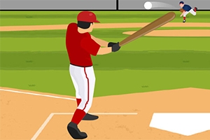 En baseballspiller i rødt tøjudstyr står klar til at slå en bold, mens en anden spiller kaster bolden i baggrunden