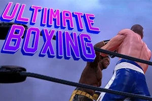 To boksere i ringen med teksten Ultimate Boxing i lilla og blå bogstaver