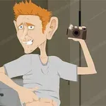 En tegnet person med orange hår tager et billede af sig selv i et spejl, mens han holder sin mave med den anden hånd