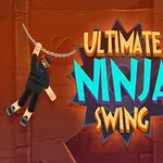 Tegneserie-ninja svinger i et reb forbi roterende savklinger på en orange baggrund, med teksten Ultimate Ninja Swing i midten