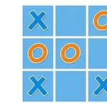 Spilbræt med blå krydser og orange cirkler i et ternet mønster