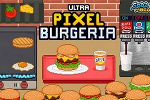 Pixelgrafik af en burgerrestaurant med en burger på en bakke, sodavandsmaskine og grill i baggrunden