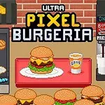 Pixelgrafik af en burgerrestaurant med en burger på en bakke, sodavandsmaskine og grill i baggrunden