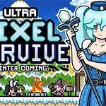 En anime-inspireret figur med lyseblåt hår og en stav står foran en pixelkunstbaggrund med bjerge og en lejrild