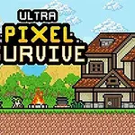 Pixelkunstlandskab med en bygning, et bål, træer, bjerge, en gris og teksten Ultra Pixel Survive øverst i scenen