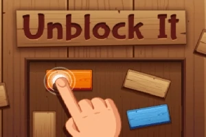 Hånd peger på en orange blok på en træbaggrund med træklodser spredt omkring og teksten Unblock It øverst
