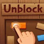 Hånd peger på en orange blok på en træbaggrund med træklodser spredt omkring og teksten Unblock It øverst