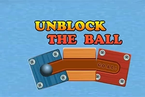 Tekst UNBLOCK THE BALL i farverig skrifttype over en illustration med tre plader og en kugle, hvor den midterste plade har ordet GOAL