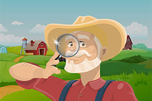 En tegneseriefigur af en ældre mand i cowboyhat, der holder en lup foran sit ene øje, med en landlig baggrund med røde lader og grønne marker