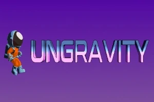 En astronautfigur i orange rumdragt ved siden af ordet UNGRAVITY på en lilla baggrund