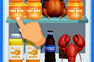 En hånd peger på et glas jordnøddesmør på en hylde med andre glas, en flaske sodavand, juice og hummere nedenunder