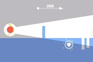 Abstrakt 2D-scene med rød cirkel, hvid lyskegle, blå platforme og en markeret blå ring på en grå baggrund