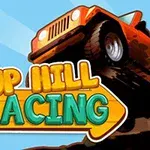 Orange jeep kører op ad en bakke med teksten Up Hill Racing i forgrunden