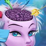 En tegneseriefigur med lilla hud og hvidt hår har åbnet kranium med forskellige værktøjer omkring, der peger mod hjernen
