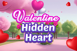 Farverig illustration med teksten Valentine Hidden Heart omgivet af lyserøde træer og røde hjerter i en parksetting