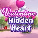 Farverig illustration med teksten Valentine Hidden Heart omgivet af lyserøde træer og røde hjerter i en parksetting