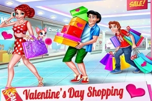 Tre personer i et butikscenter bærer indkøbsposer og gaveæsker, omgivet af dekorationer til Valentinsdag