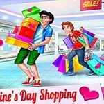 Tre personer i et butikscenter bærer indkøbsposer og gaveæsker, omgivet af dekorationer til Valentinsdag