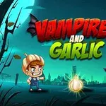 Tegning af en dreng med en hvidløgshat, en hvidløg i midten, og en vampyr på en mørk baggrund med teksten Vampires and Garlic