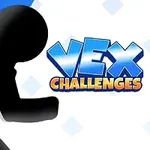 Silhuet af en løbende figur med teksten Vex Challenges på en baggrund med blå striber og lyse firkanter