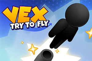 Sort figur flyver gennem blå himmel med stjerner og kanon under det farverige VEX Try to Fly-logo