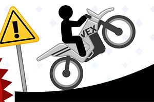 En sort silhuetfigur kører på en motorcykel op ad en skråning med et advarselsskilt i baggrunden