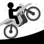 En sort silhuetfigur kører på en motorcykel op ad en skråning med et advarselsskilt i baggrunden