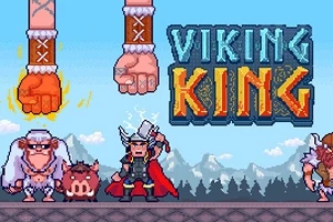 Vikingkarakterer i pixelkunststil med store hænder svævende over dem og bjerglandskab i baggrunden