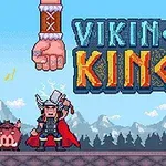 Vikingkarakterer i pixelkunststil med store hænder svævende over dem og bjerglandskab i baggrunden