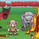 Tegneseriemonster, en rød drage og en grå ulv, omgivet af flammer med teksten Vikings vs Monsters øverst