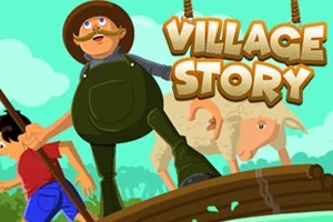 Mand i overalls med får og barn på en bro, med teksten Village Story