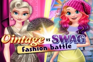 To stilfulde kvinder står side om side, den ene i vintage-kjole og den anden i moderne tøj med teksten Vintage vs Swag fashion battle imellem dem