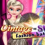 To stilfulde kvinder står side om side, den ene i vintage-kjole og den anden i moderne tøj med teksten Vintage vs Swag fashion battle imellem dem