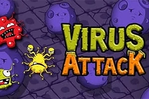 Farverige tegneserievirusser i rødt og gult på en lilla stenbaggrund med teksten Virus Attack