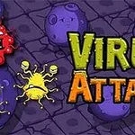 Farverige tegneserievirusser i rødt og gult på en lilla stenbaggrund med teksten Virus Attack