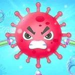 En rød vred virus med ansigt omgivet af sprøjter på en blå baggrund med hjelmikoner