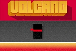 Store gule bogstaver danner ordet VOLCANO over en grafisk stiliseret vulkan med røde og sorte nuancer