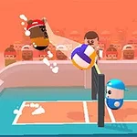 To anfigurer, der spiller volleyball mod hinanden på en farverig bane med et heppet publikum i baggrunden