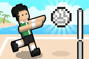Pixelgrafik af en person, der spiller volleyball på en strand med bolden i luften ved siden af et net