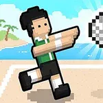 Pixelgrafik af en person, der spiller volleyball på en strand med bolden i luften ved siden af et net
