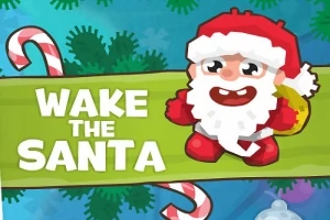 Julemand med rød dragt og hvidt skæg, omgivet af slikstokke og et grønt banner med teksten Wake the Santa foran en blå baggrund