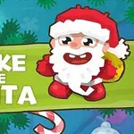Julemand med rød dragt og hvidt skæg, omgivet af slikstokke og et grønt banner med teksten Wake the Santa foran en blå baggrund