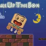 En animeret kassefigur med sko springer mellem murstensplatforme under en nattehimmel dekoreret med en sky, en måne og teksten Wake Up The Box