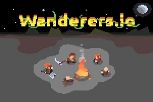 Pixelgrafik af fem figurer, der sidder rundt om et lejrbål under nattehimlen med månen synlig