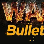 Brændende bogstaver WAR og ordet Bullet med et projektilsymbol på sort baggrund