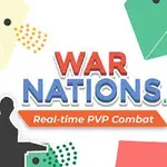 Silhuet af en person med en hævet hånd foran farverige polygoner og teksten WAR NATIONS