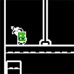 Sort-hvidt pixelkunstbillede med en grøn ansigtfigur og en pil, der peger mod højre