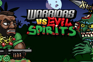 To krigere står overfor hinanden i en natlig scene med teksten Warriors vs Evil Spirits i midten