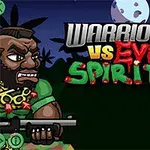 To krigere står overfor hinanden i en natlig scene med teksten Warriors vs Evil Spirits i midten